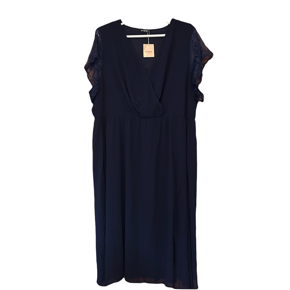 BloomChic Navy Lace‑Sleeve Midi Dress Plus 4X/26 NWT Flowy Elegant Fit